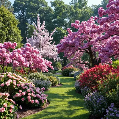 Beautiful ornamental garden with flowering trees and shrubs