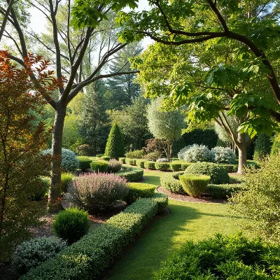 Beautifully designed garden with ornamental trees and shrubs